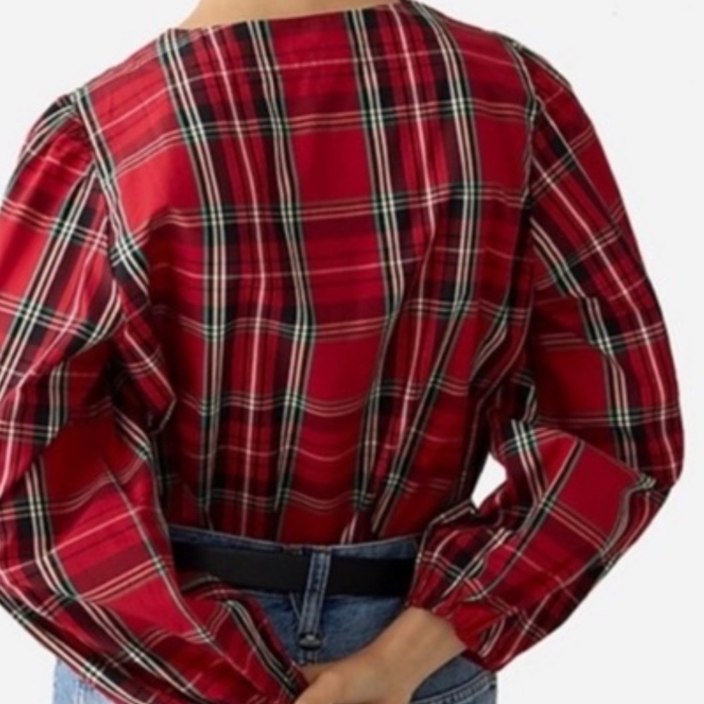 Jcrew plaid top NWT Puff-sleeve poplin top in Good Tidings plaid size large - Picture 2 of 3